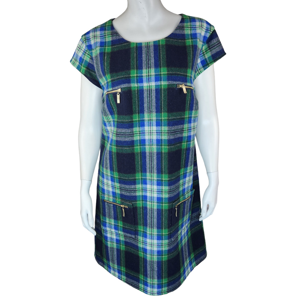 Julie Brown Womens Size 8 Green Plaid Wool Blend Short Sleeve Midi Dress Pockets
